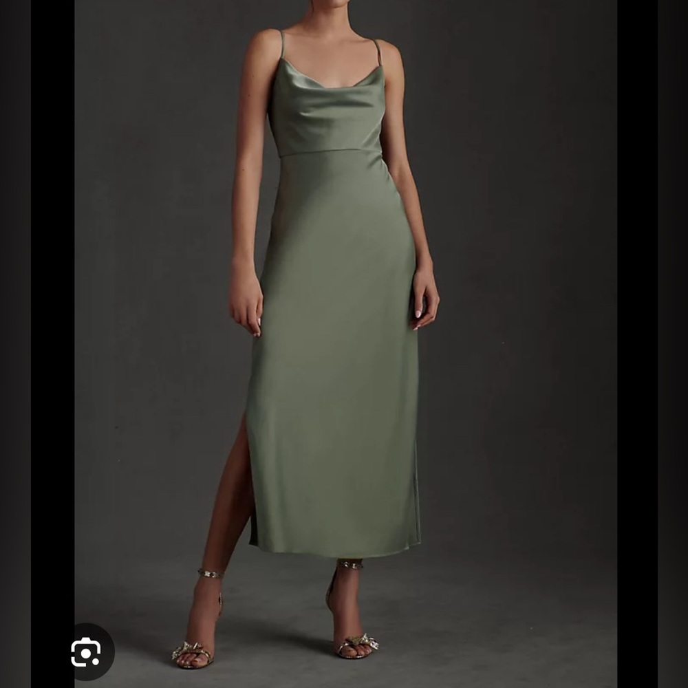 BHLDN Cali Satin Cowl-Neck Midi Slip Dress Moss